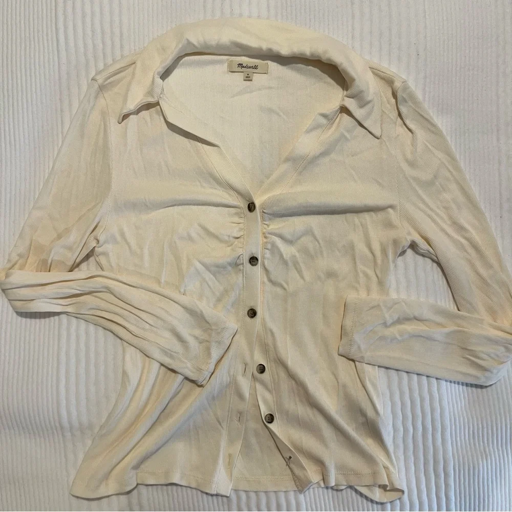 Madewell Ribbed Button Down Ruched Polo Cardigan - Picture 3 of 10